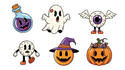 Retro Cartoon Halloween Characters Set: Ghost, Pumpkin, Eyeball, and Potion Bottle