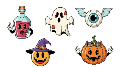 Retro Halloween Characters: Spooky Ghost, Potion, Flying Eyeball, Pumpkin, Witch Hat