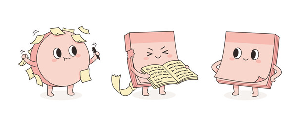 Set of cute cartoon pink sticky note characters illustrating work, study, and organization concepts like being overwhelmed, reading, and ready vector