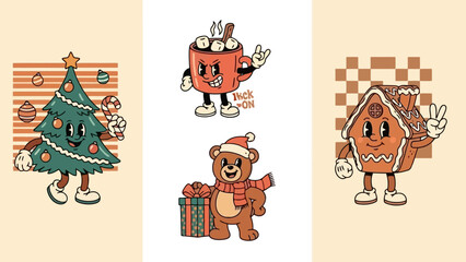 Retro Cartoon Christmas Characters Set, Festive Holiday Vector Illustrations