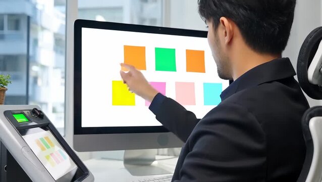 Businessman Analyzing Digital Sticky Notes on Computer Screen in Modern Office
