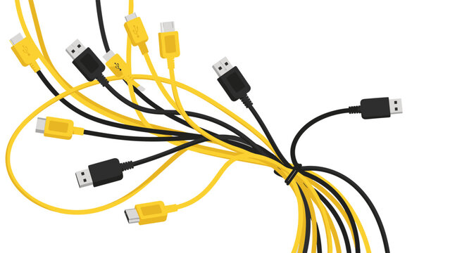 A tangled mess of various yellow and black charging cables and connectors isolated on white background