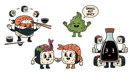 Retro Sushi Food Characters and Condiments Vector Collection Fun Illustration