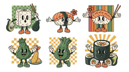 Retro Cartoon Sushi and Vegetable Characters with Food Elements Vector Art