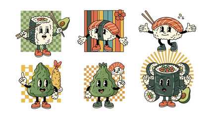Retro Sushi Characters Set, Kawaii Japanese Food Cartoon Illustrations