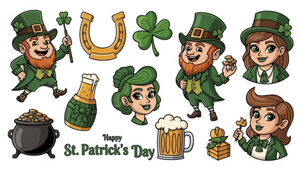 Happy St. Patrick's Day Cartoon Leprechauns, Beer, and Pot of Gold Illustration