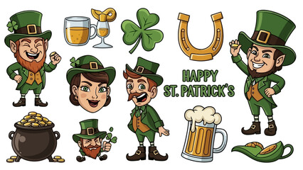 Happy St. Patrick's Day Cartoon Vector Illustration with Leprechauns, Beer, and Pot of Gold