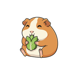 Cute cartoon guinea pig character happily eating a large green lettuce leaf with closed eyes on white background vector illustration