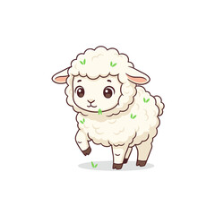Adorable cartoon white lamb or sheep illustration happily grazing on grass with gentle, fluffy wool on white background vector