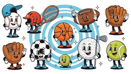 Cute Retro Sports Balls and Gloves Characters with Happy Faces