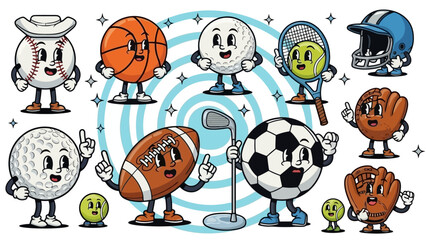 Retro Sports Cartoon Characters, Vintage Vector Illustrations, Sports Balls and Equipment
