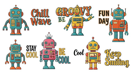 Retro Robot Characters with Fun Positive Sayings and Graphics