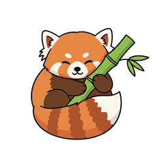 Cute cartoon red panda character sitting and happily hugging a green bamboo stalk with closed eyes on white background vector © 张锋