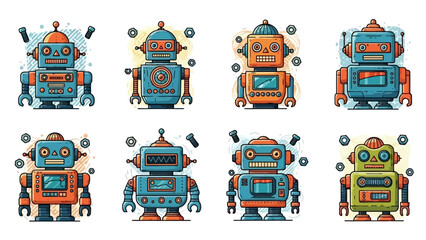 Collection of Retro Robot Illustrations, Vintage Sci-Fi Characters, Futuristic Technology