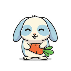 Cute cartoon lop-eared baby bunny rabbit happily holding and eating a large carrot on white background vector illustration