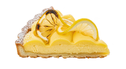 Slice of lemon tart with meringue and lemon slices