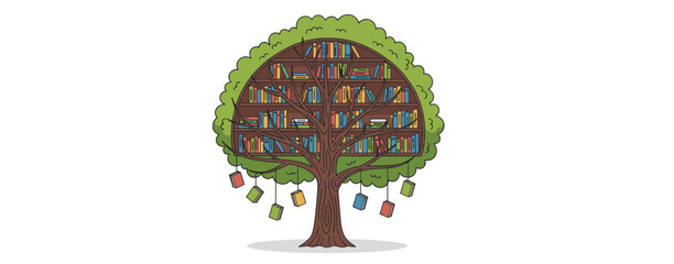 Cartoon illustration of a large tree with its foliage shaped like a bookshelf full of colorful books, symbolizing knowledge and education