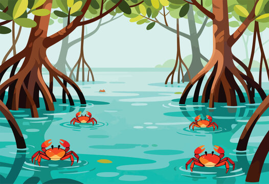 Red crabs navigate shallow, turquoise water amidst mangrove roots and foliage