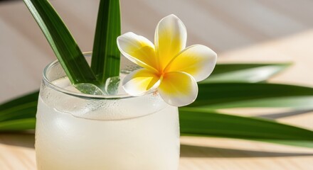 Fresh Coconut Juice with Plumeria Flower &mdash; Tropical Refreshment and Natural Beauty