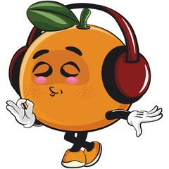 cute orange mascot character listening to headset while dancing, happy mandarin fruit cartoon vector illustration, work of hand drawn