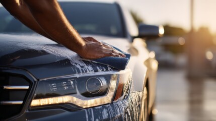 Close-up of person washing car with soapy sponge in sunlight