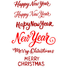 Happy New Year and Merry Christmas Red Hand Lettering Typography Vector Set