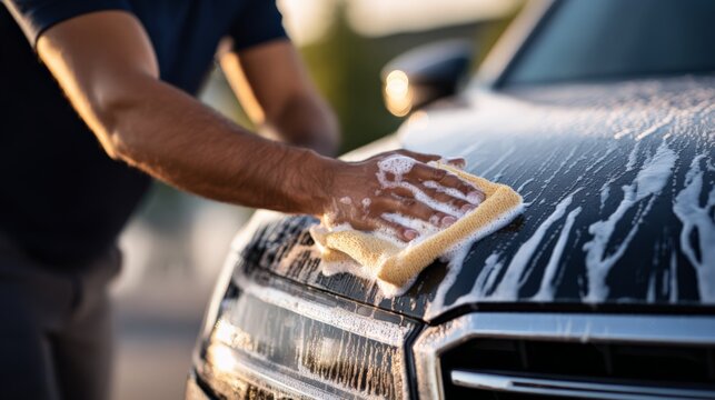 Male washing car with soap and sponge under sunlight