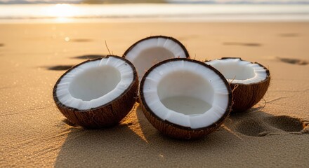 Fresh Coconut Halves Resting on Warm Beach Sand