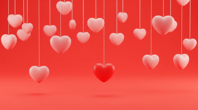 Valentine's Day Background with Hanging 3D Pink and Red Hearts - Powered by Adobe