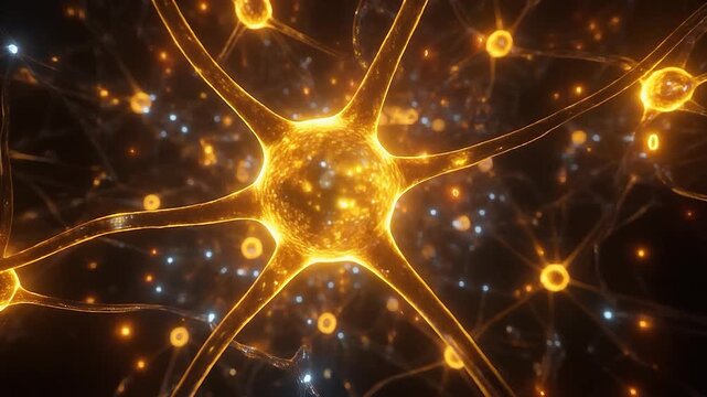 3D visualization of a neural network formed in the neural space, glowing nodes and connected energy lines. Molecules. Nanomolecular structures.
