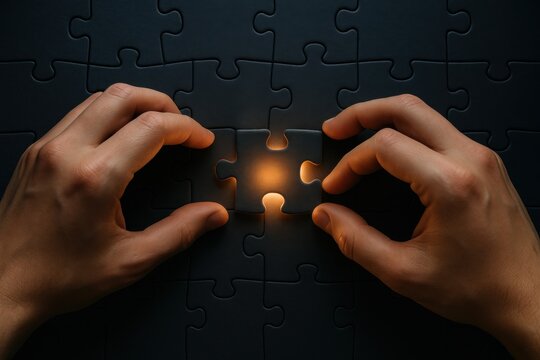 Completing the Puzzle: A pair of hands meticulously places the final piece of a jigsaw puzzle, signifying solutions. Each piece intertwines to form a bigger picture.