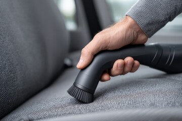 Male hand vacuuming car seat with handheld cleaner on grey upholstery fabric close-up