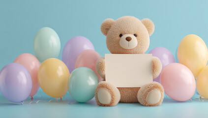 Soft beige plush teddy bear with fluffy fur holding a blank white card surrounded by pastel colored balloons on light blue background