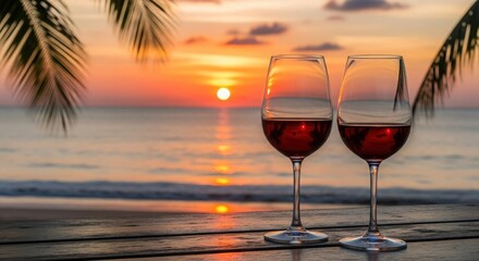 Elegant wine glasses against tropical ocean sunset &mdash; serene coastal atmosphere, no people