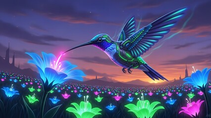 Naklejka premium Glowing hummingbird flying over colorful flowers at sunset