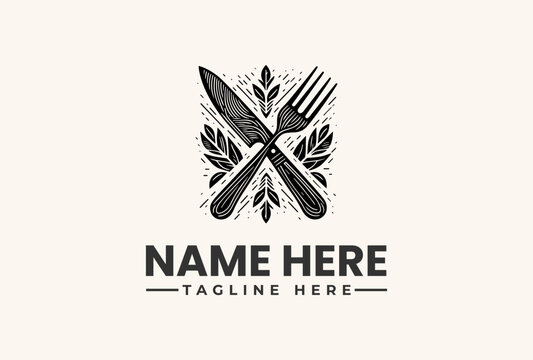 Vintage restaurant logo vector illustration with crossed knife and fork. Classic dining emblem design for cafe, bistro, or food service brand
