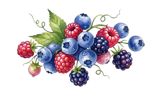 Watercolor berries and leaves on black background blueberry