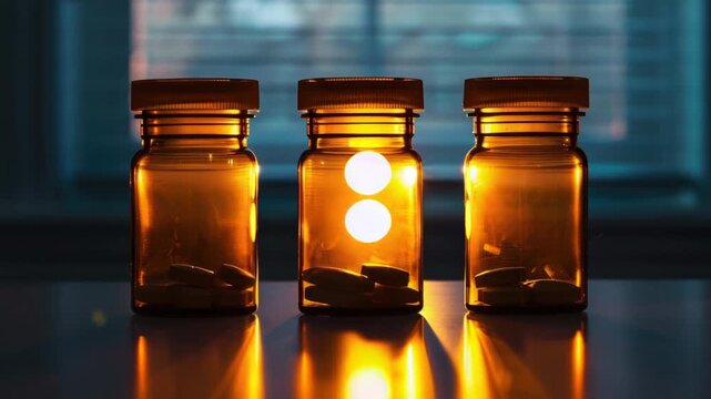 Video Three bottles of pills sit on a table near a window, providing natural light