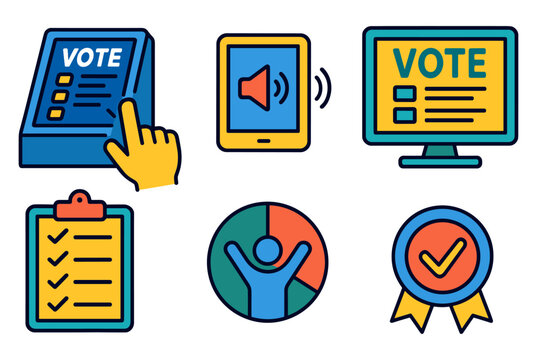 Voting icons set: electronic voting machine, checklist, award badge, user participation