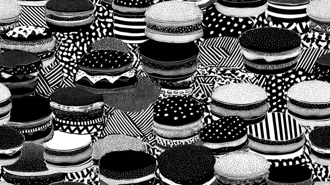 Abstract black and white pattern featuring stylized stacked food items with varying textures