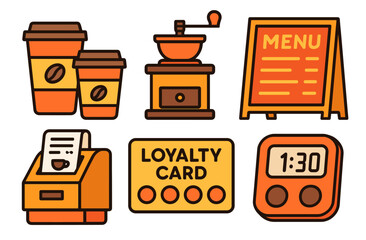 Coffee shop essentials: grinder, menu, loyalty card, timer, and to-go cups illustration