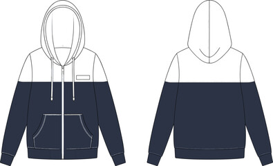 Modern two tone zip up hoodie technical flat sketch, front and back view, fashion design vector template for apparel illustration