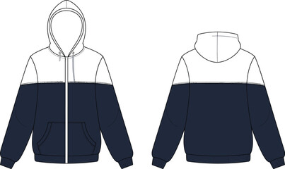 Modern two tone hoodie front and back flat sketch, casual fashion sweatshirt design, unisex streetwear 