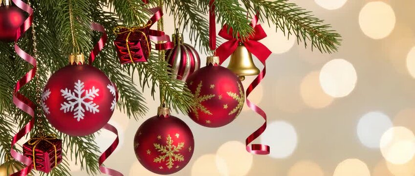 Close-up of red Christmas baubles, golden bell, and small gift box hanging on fir tree branch with curling ribbons. Warm glowing bokeh in the background. Festive mood.