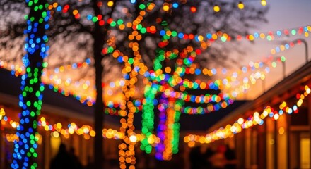 Colorful festive lights draped outdoors producing bright blurred bokeh ambiance