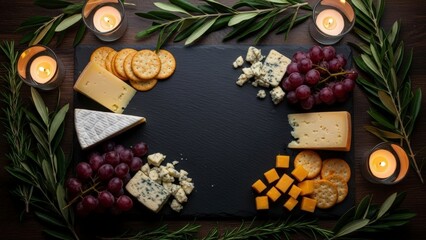 Elegant Cheese Board with Grapes, Crackers, and Candles, Top View.