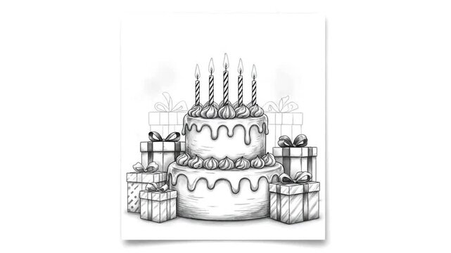 Monochromatic sketch of celebration cake with five candles, frosting, and many gift boxes