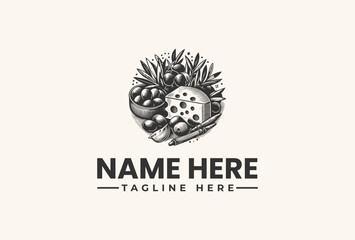 Hand-drawn Italian cheese and olives logo vector illustration, perfect for gourmet food branding and artisanal product design