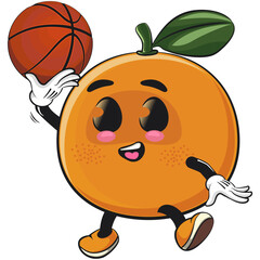 cute orange mascot character playing basketball, happy mandarin fruit cartoon vector illustration, work of hand drawn