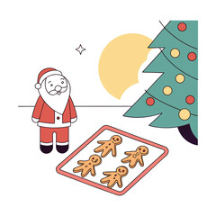 A cartoon santa claus standing next to a baking tray of gingerbread men and a decorated christmas tree on a with a yellow moon
